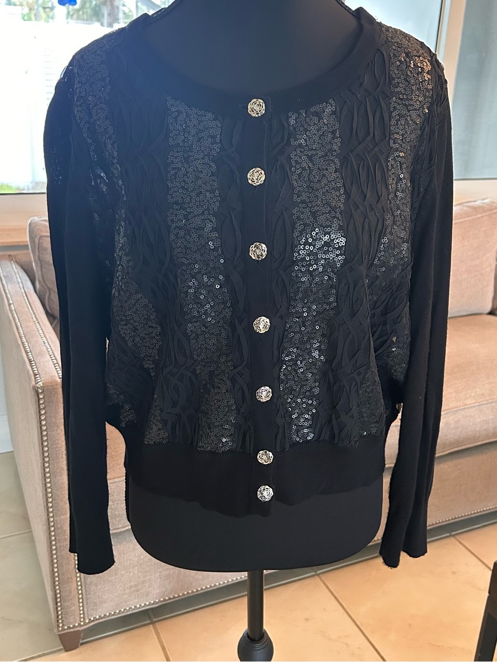 Karl Lagerfeld Black Sequin-Panel Button Cardigan